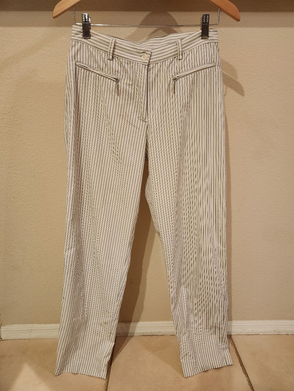 Bebe Moda Brand White and Black Pinstriped Pants With Zipper Pockets